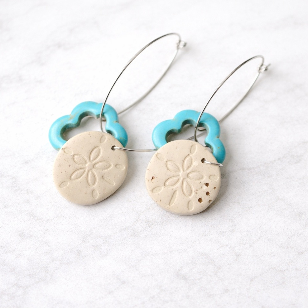 Turquoise & Beige Sand Dollar Hoop Earrings